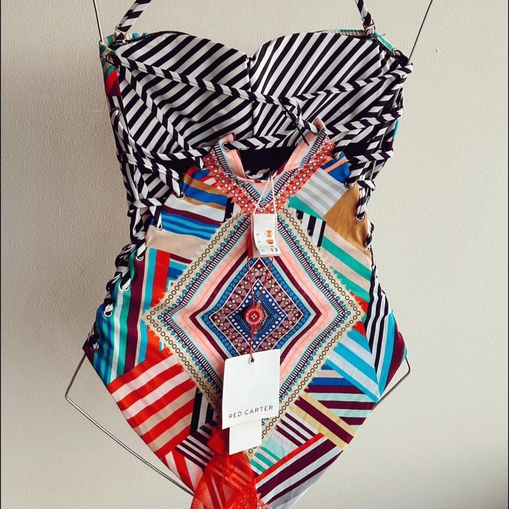 Red Carter Multicolor Geometric One-Piece Swimsuit — Pink, Blue, Teal, Mustard - Picture 11 of 14